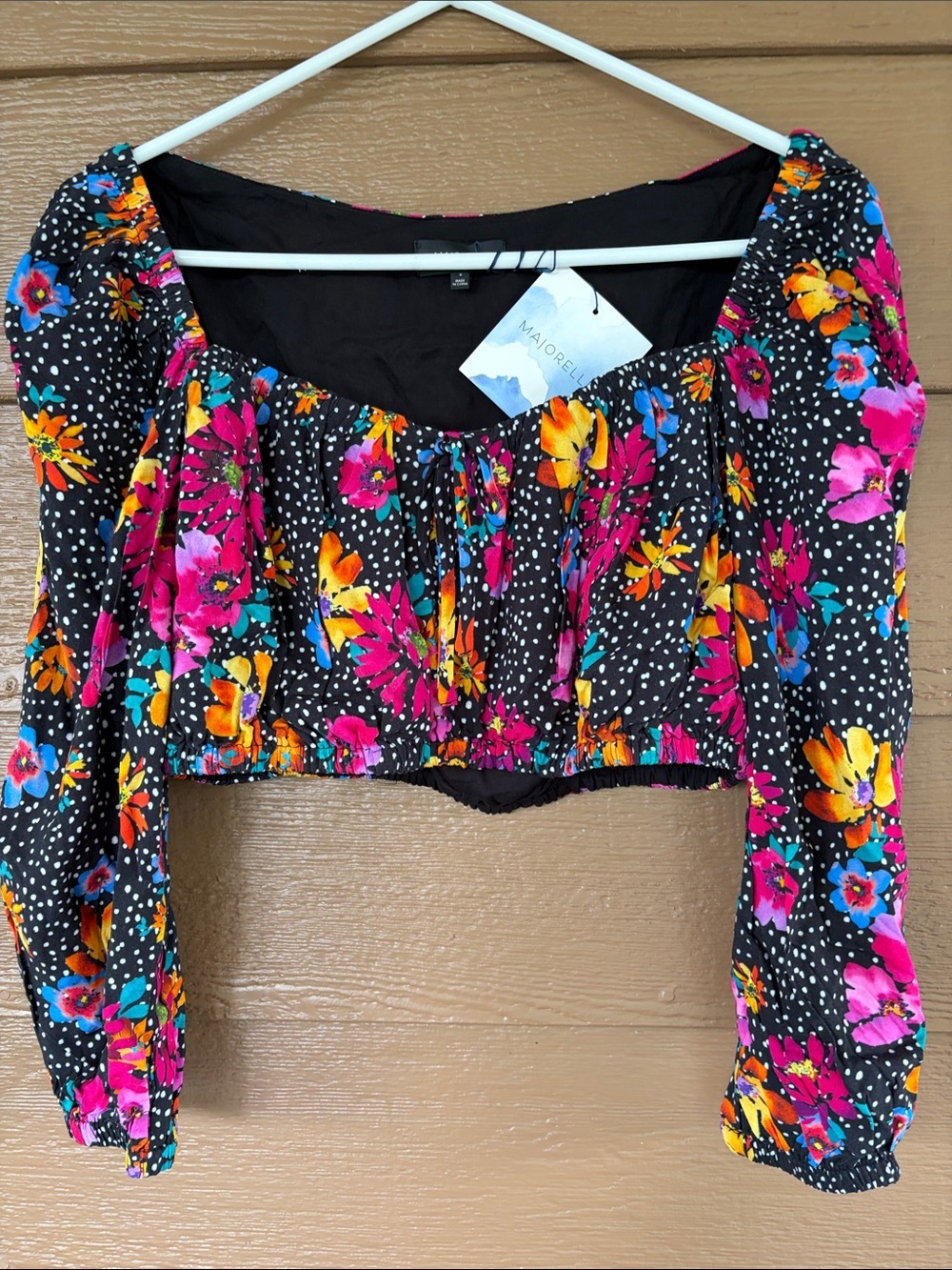 MAJORELLE NWT Black Floral Synched Crop Top w/ Puff Sleeves -Sz M